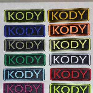 Custom 1.5” x 5&quot; Patches Embroidered with Hook Material on Back for Harness or Collar. Made in the U.S.A. Pick your Colors, Heavy Duty Twill