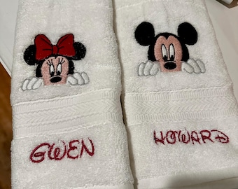 Personalized Embroidered Mickey Mouse and Minnie Mouse Hand Towels