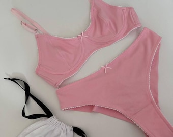 Pink Cotton Lingerie Set, Ribbed Bra and Panties, Everyday Lingerie