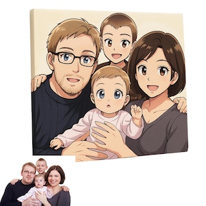 Retrato personalizado estilo Manga sobre lienzo – Regalo original para familia, pareja o niños – Ilustración de dibujos animados única y divertida