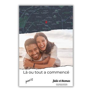 Toile Personnalisée Rencontre - Carte, Photo, Prénoms & Date - Cadeau Romantique pour Couple - Impression Haute Qualité sur Cadre en Bois