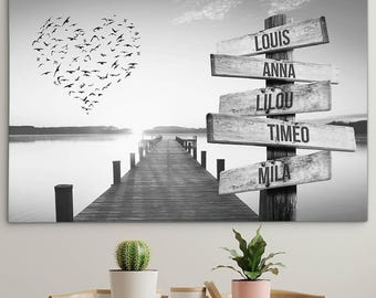Lienzo Personalizado Familia Nombres Corazón Muelle Atardecer Blanco Negro Marco Madera Regalo