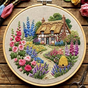 May include: An embroidered cottage scene in a wooden hoop. The cottage has a thatched roof and is surrounded by a colourful garden with flowers in shades of pink, purple, blue, and yellow. A path leads to the cottage.