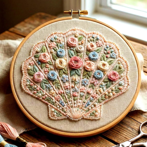 Floral Seashell Embroidery Design — Beach Summer Decor, Coastal Gift PDF