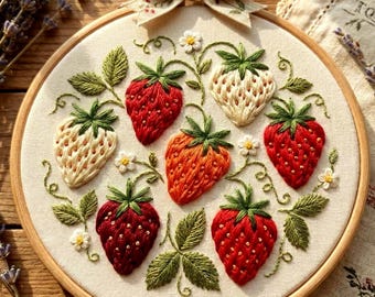 May include: Embroidered hoop art featuring a strawberry design. The artwork showcases seven strawberries in shades of red, orange, and cream, with green leaves and white flowers. A beige bow adorns the top. The embroidery is set in a wooden hoop.
