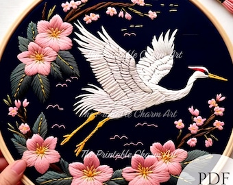 鶴と桜の手刺繍図案、鶴鳥図案、日本刺繍、日本の鳥、手刺繍図案 PDF