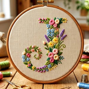 May include: Embroidered letter "J" in a wooden hoop. The letter is decorated with colourful floral embroidery, including pink roses, blue forget-me-nots, and yellow daisies. The hoop is on a wooden table with sewing supplies.