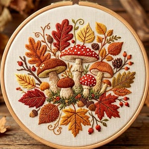 May include: A circular wooden embroidery hoop containing a fabric panel with a detailed needlework design of various mushrooms, autumn leaves in shades of red, orange, and yellow, small berries, and pinecones on a cream-colored background.