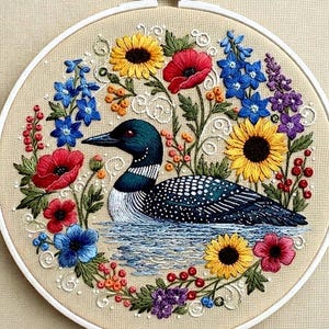Canadian Loon Embroidery Pattern, Bird Floral Wreath (PDF)