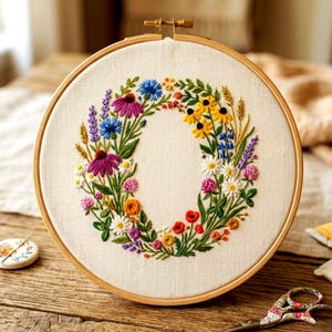 Op de afbeelding: Een kleurrijke bloemenborduurring met een krans van diverse bloemen in paars, blauw, geel en rood. De borduursel is geplaatst op een crèmekleurige stof in een houten ring. Een bloemenschaar en een naaldenmagneet liggen in de buurt.