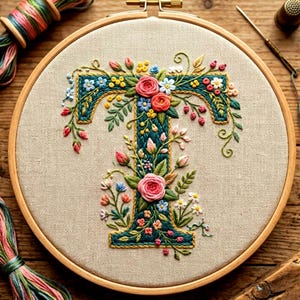 May include: Embroidered letter "T" in a wooden embroidery hoop. The teal letter is adorned with colorful floral embroidery, including pink roses, blue and yellow flowers, and green leaves. Colorful embroidery thread spools are visible.