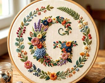 May include: Embroidered floral letter "G" in a wooden hoop. The embroidery features a variety of colorful flowers and foliage, including roses, daisies, and berries. The background is a cream-colored fabric. A jar of thread, a thimble, and scissors are also visible.
