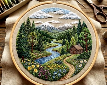 Op de afbeelding: Een gedetailleerd borduurwerk in een borduurring dat een serene berglandschap uitbeeldt. De scène omvat een kronkelende rivier, een kleine hut en weelderig groen. De lucht toont pluizige wolken, alles omlijst in een houten ring. Het kleurenpalet omvat groen, blauw en bruin.