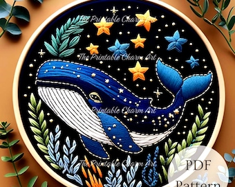 天空のクジラの手刺繍パターン、星と花のあるシロナガスクジラ、花の