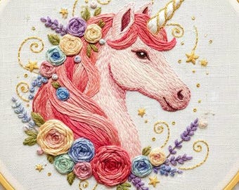 ブルー ユニコーン ハンド 刺繍 パターン、ユニコーン 刺繍 パターン