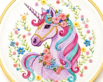 ブルー ユニコーン ハンド 刺繍 パターン、ユニコーン 刺繍 パターン