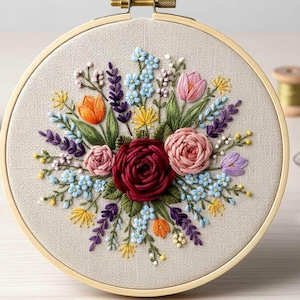 Op de afbeelding: Een borduurring met een gedetailleerd bloemenarrangement. Het ontwerp omvat een dieprode roos in het midden, omringd door roze, oranje, paarse en blauwe bloesems, alles tegen een beige stoffen achtergrond.