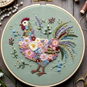 Borduurpatroon bloemen haan, kippenpatroon, ontwerp boerderijdieren, beginnersvriendelijke pdf