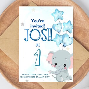 Convite de aniversário editável de elefante azul | Convite de bebê elefante | Primeiro aniversário de elefante | Aquarela azul | Convite de aniversário WildOne