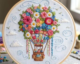 Floral Hot Air Balloon Hand Embroidery Pattern, Summer Adventure (PDF)