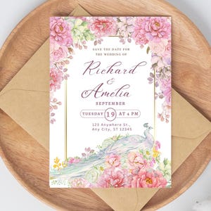 Plantilla de invitación de boda floral editable / Invitación de boda de pavo real personalizable / Diseño botánico elegante para descargar e imprimir