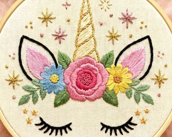 ブルー ユニコーン ハンド 刺繍 パターン、ユニコーン 刺繍 パターン