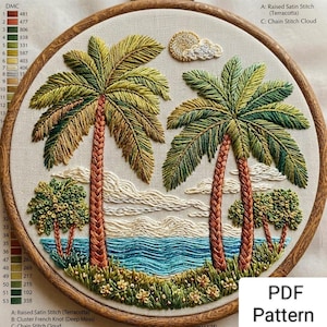 May include: Embroidered landscape scene featuring two palm trees, a blue ocean, and fluffy clouds. The artwork is framed in a wooden hoop and includes the text "PDF Pattern". The embroidery uses various colors of thread to create a textured, three-dimensional effect.