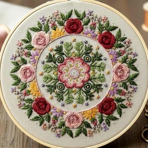 Colorful Floral Mandala Hand Embroidery Pattern – Modern PDF Download for Hoop Art
