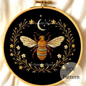 マジカルビーの刺繍パターン：デイジーと星、花の羽音、DIYガーデンアート、フープアート