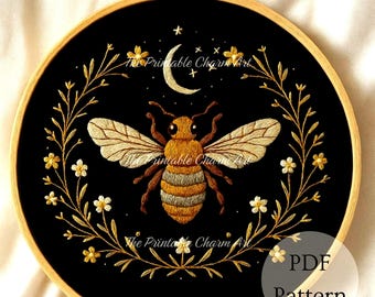 Magical Bee Embroidery Pattern:  Daisies & Stars, Floral Buzz, DIY Garden Art, hoop art