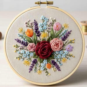 May include: A hand-stitched floral embroidery in a wooden hoop. The design features a central burgundy rose surrounded by pink, orange, yellow, blue, and purple flowers and green leaves. The embroidery is on a beige fabric.