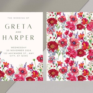 Rustieke rode wilde bloemenuitnodiging | Boho bloemen afdrukbare uitnodiging | Digitale uitnodiging rode wilde bloem | Digitale sjabloon bruiloft bloemen