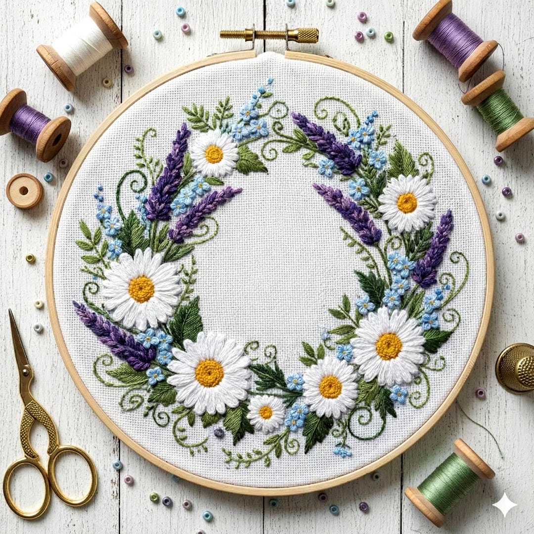 Floral Wreath Hand Embroidery Pattern, Daisy and Lavender Design ...