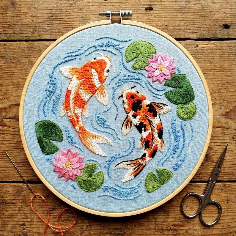 Koi Fish Hand Embroidery Pattern, Japanese Fish Design, Ocean Wildlife ...