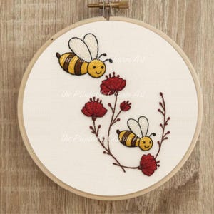 Honey Bee Embroidery Pattern: Floral Spring Design (PDF Download, 6 Sizes)