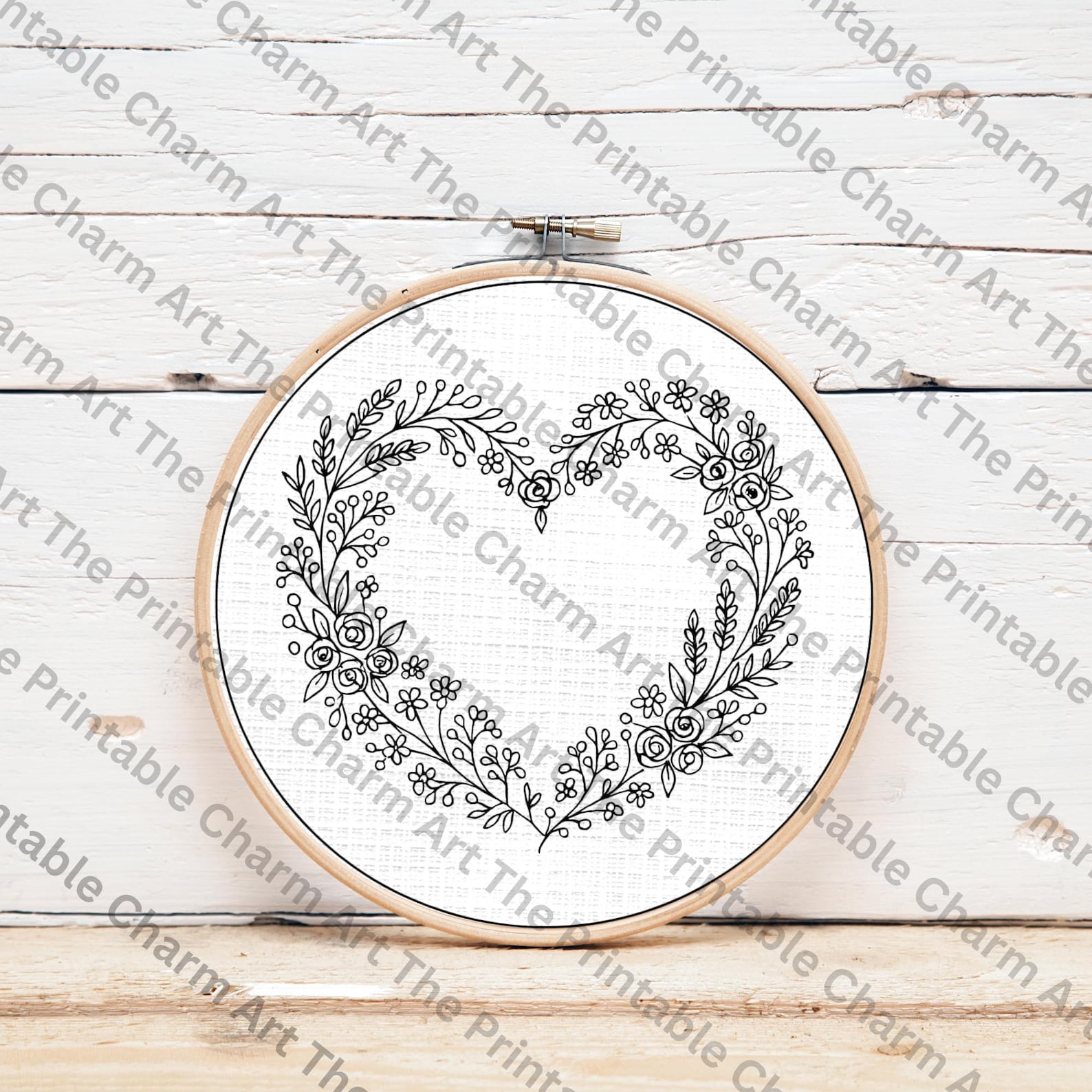 Floral Heart Wreath Embroidery Pattern - Romantic DIY Hand Embroidery ...