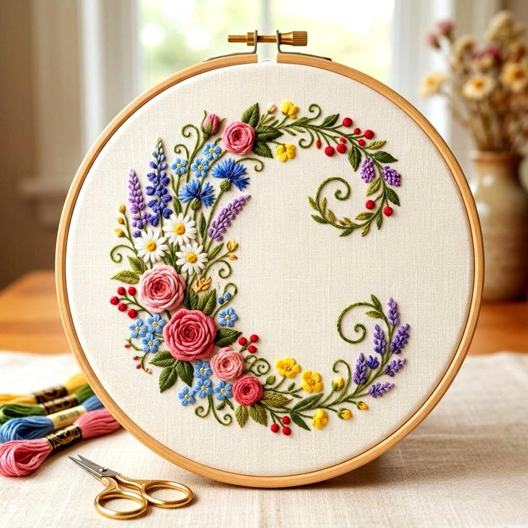 Floral Pattern C Floral Letter C Embroidery Pattern PDF, Beginner Friendly Hoop Art - Etsy