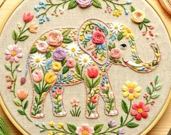 象の刺繍パターンセット：初心者向けDIY花動物デザイン（PDF 