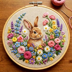 Può includere: Un ricamo fatto a mano in un telaio di legno, raffigurante un coniglio marrone circondato da fiori colorati. I fiori includono rose rosa, nontiscordardimé blu, margherite gialle e lavanda viola. Il ricamo è fatto a mano.