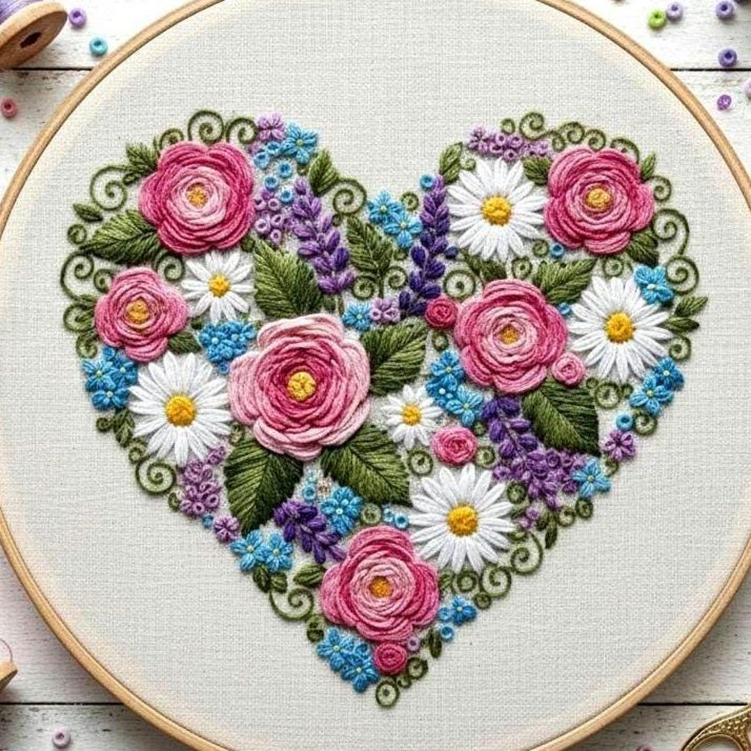 Floral Heart Embroidery PDF Pattern | Hand Embroidery Template | Modern ...