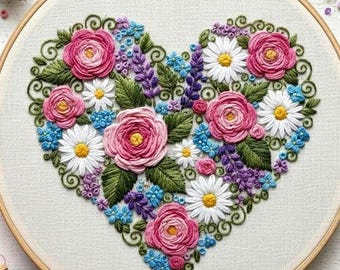 花柄ハート刺繍パターン、DIYフープアート（PDFパターン） - Etsy 日本