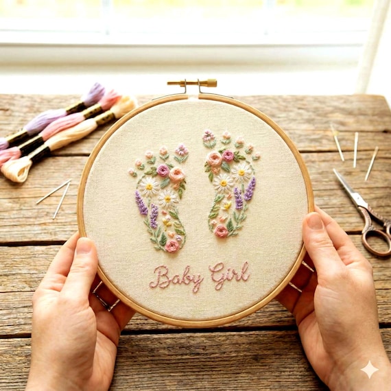 Baby Footprint Embroidery Pattern, Floral Newborn Keepsake, Name wall art (PDF Downloadable Template)