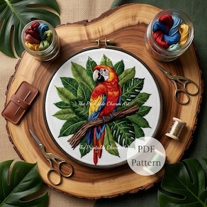 Tropical Macaw Parrot Embroidery Pattern, Jungle Botanical Hoop Art (PDF)