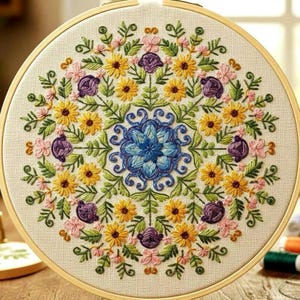 Floral Mandala Embroidery Pattern PDF – Vintage Botanical Hand Embroidery Design for Beginners, Instant Download