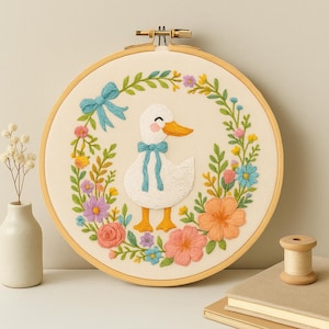 Duck Embroidery Pattern: Cottagecore Farmhouse Wreath (PDF Pattern)