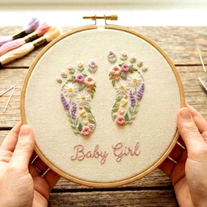 Baby Footprint Embroidery Pattern, Floral Newborn Keepsake, Name wall art (PDF Downloadable Template)