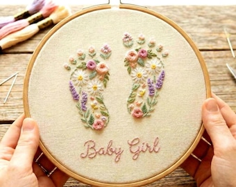 Baby Footprint Embroidery Pattern, Floral Newborn Keepsake, Name wall art (PDF Downloadable Template)