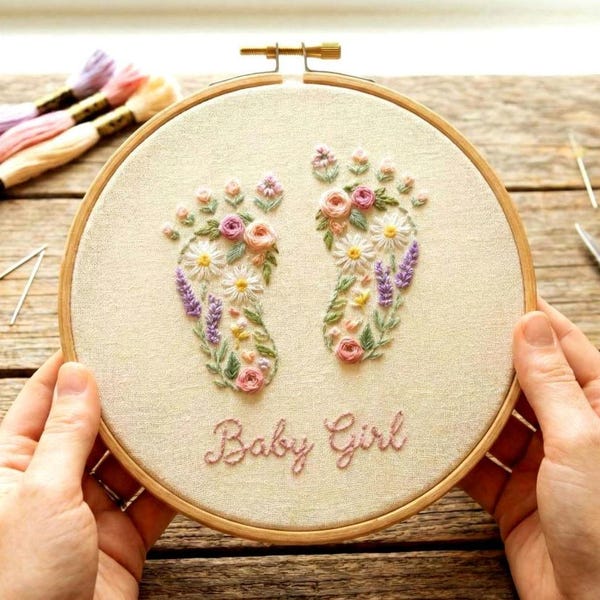 Patrón de bordado de huella de bebé, recuerdo floral para recién nacido, decoración de pared con nombre (plantilla descargable en PDF)