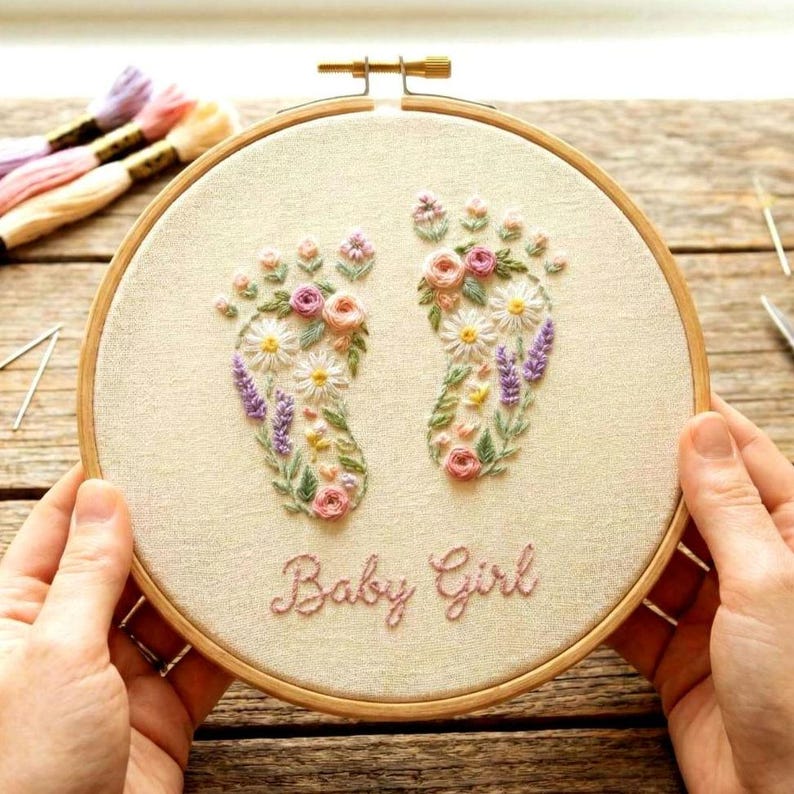 Baby Footprint Embroidery Pattern, Floral Newborn Keepsake, Name wall art (PDF Downloadable Template) image 1