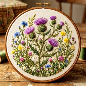 May include: An embroidered floral design in a wooden hoop. The artwork features purple thistles, blue cornflowers, yellow wildflowers, and pink clover, all stitched on cream fabric. The wooden hoop adds a rustic touch. The diameter is approximately 20 cm.